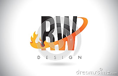 RW R W Letter Logo with Fire Flames Design and Orange Swoosh. Vector Illustration