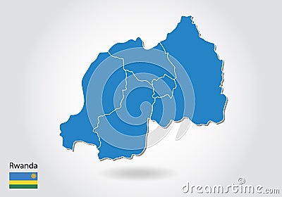 Rwanda map design with 3D style. Blue Rwanda map and National flag. Simple vector map with contour, shape, outline, on white Vector Illustration