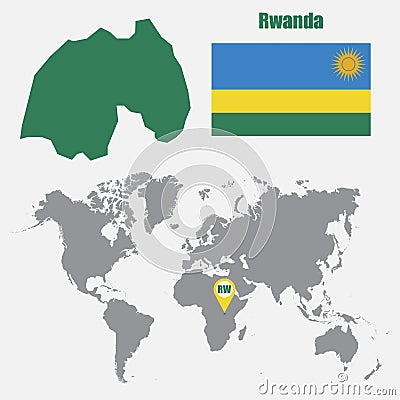 Rwanda map on a world map with flag and map pointer. Vector illustration Cartoon Illustration
