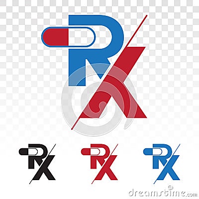 Rx medical pharmacy medicine flat icons or logo on a transparent background Vector Illustration