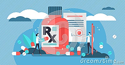 RX medical prescription drug vector illustration. Flat mini persons concept Vector Illustration