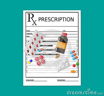 Rx prescription blank with pills and drugs. Vector Illustration