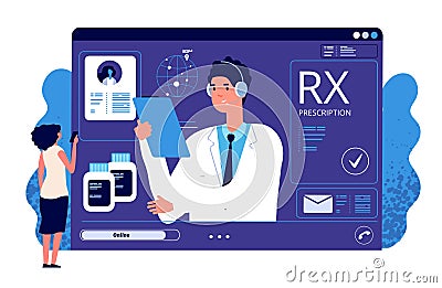 RX prescription online. Medical app, online prescription. Vector doctor, patient, painkiller medication Vector Illustration