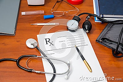 Rx prescription with pills, stethoscope, thermometer Stock Photo