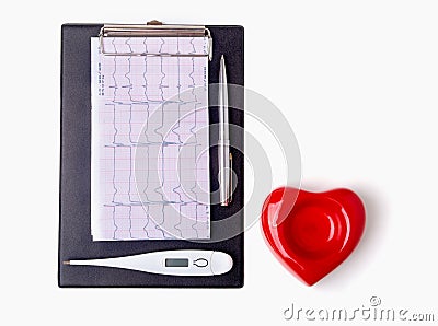 RX prescription, Red heart, medical thermometer on white background Stock Photo