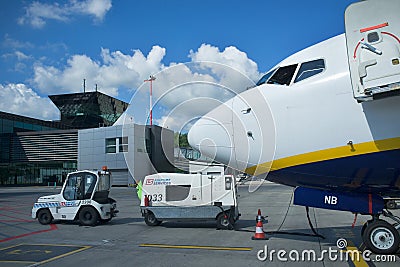 Ryanair plane in airport Balice Krakow. Getting, journey. Editorial Stock Photo