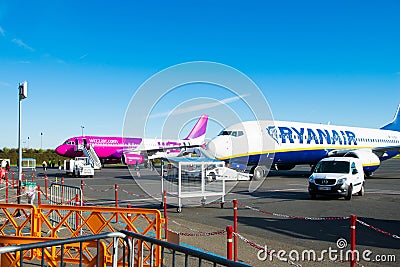 Ryanair and Wizzair plane in airport Editorial Stock Photo