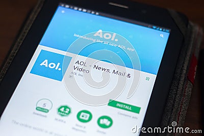 Ryazan, Russia - April 19, 2018 - Aol mobile app on the display of tablet PC. Editorial Stock Photo