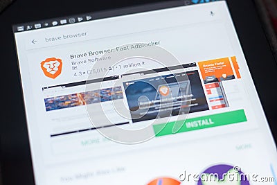 Ryazan, Russia - April 19, 2018 - Brave Browser - Fast AdBlocker icon on the list of mobile apps. Editorial Stock Photo
