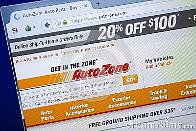Ryazan, Russia - August 26, 2018: Homepage of Auto Zone website on the display of PC. Url - AutoZone.com Editorial Stock Photo