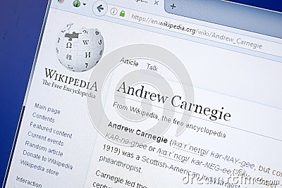 Ryazan, Russia - August 19, 2018: Wikipedia page about Andrew Carnegie on the display of PC. Editorial Stock Photo