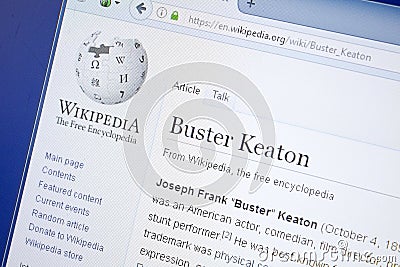 Ryazan, Russia - August 19, 2018: Wikipedia page about Buster Keaton on the display of PC. Editorial Stock Photo