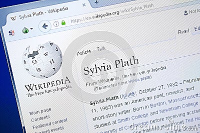 Ryazan, Russia - August 28, 2018: Wikipedia page about Sylvia Plath on the display of PC. Editorial Stock Photo