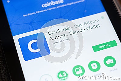 Ryazan, Russia - June 24, 2018: Coinbase - Buy Bitcoin and More, Secure Wallet mobile app on the display of tablet PC. Editorial Stock Photo