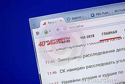 Ryazan, Russia - June 05, 2018: Homepage of Aif website on the display of PC, url - Aif.ru. Editorial Stock Photo