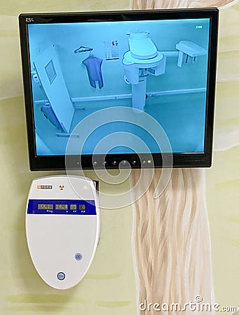 Ryazan Russia - June 18 2021: Video surveillance screen of the X-ray examination room Editorial Stock Photo