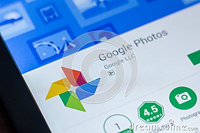 Ryazan, Russia - March 21, 2018 - Google Photos mobile app on a display of mobile PC. Editorial Stock Photo