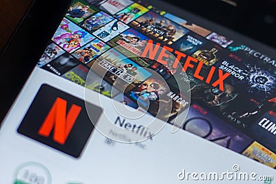 Ryazan, Russia - March 21, 2018 - Netflix mobile app on the display of tablet PC. Editorial Stock Photo