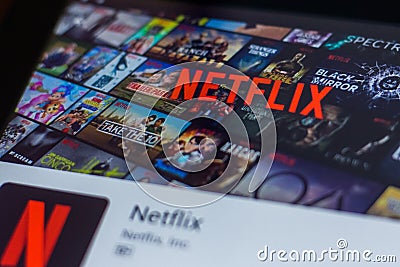 Ryazan, Russia - March 21, 2018 - Netflix mobile app on the display of tablet PC. Editorial Stock Photo