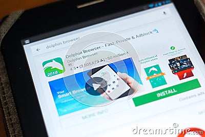 Ryazan, Russia - May 02, 2018: Dolphin Browser icon in the list of mobile apps on the display of tablet PC. Editorial Stock Photo