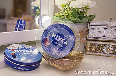 Ryazan, Russia - November 17 2021: a jar of classic nivea cream Christmas edition Editorial Stock Photo