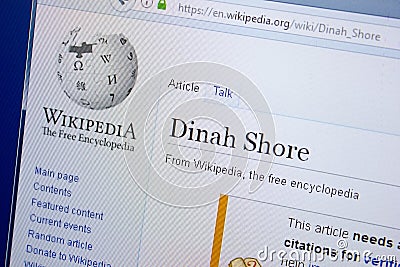 Ryazan, Russia - September 09, 2018 - Wikipedia page about Dinah Shore on a display of PC. Editorial Stock Photo