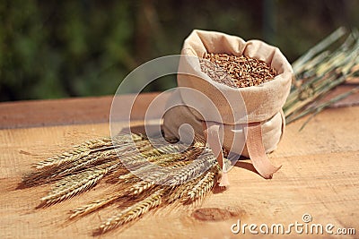 Rye - bag with grains, ears of grain Stock Photo