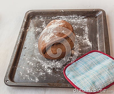 Rye bread on dripping pan Stock Photo
