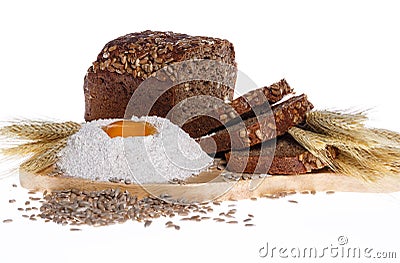 Rye bread, flour, eggs, corn ears Stock Photo