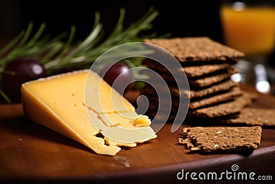 rye crackers leaning against a wedge of old cheddar cheese Stock Photo