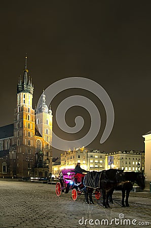 Rynek Main Market Square by Night ,Krakow,Poland Stock Photo