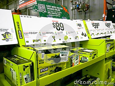 RYOBI tool bundles on sale at hardware store home improvement store, cordless power, removable, rechargeable battery-powered tools Editorial Stock Photo