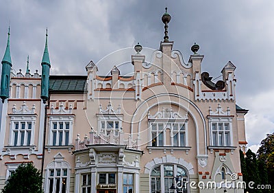 Close up view of the architectural Renassaince style of the Polish Bank building in the old town of Rzeszow Editorial Stock Photo