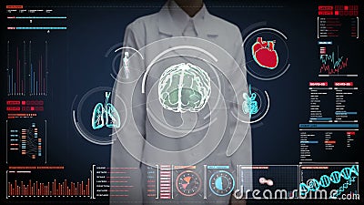 Rörande digital skärm för kvinnlig doktor, avläsande hjärna, hjärta, lungor, inre organ i instrumentbräda för digital skärm röntg vektor illustrationer Rörande digital skärm för kvinnlig doktor, avläsande hjärna, hjärta, lungor, inre organ i instrumentbräda för digital skärm röntg vektor illustrationer