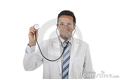 40s attractive male medicine doctor holding stethoscope wearing medical gown standing proud smiling happy Stock Photo