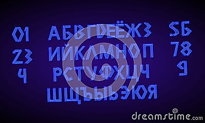 80 s blue neon retro font and numbers. Futuristic chrome Russian letters. Bright Cyrillic Alphabet on dark background Vector Illustration