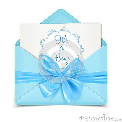 It`s a boy baby shower cute card invitation with blue envelope and decorative bow, vector illustration Vector Illustration