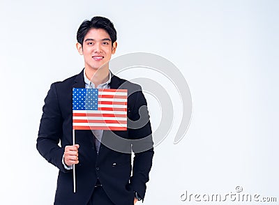 20s business man is holding american flag with the white background Stock Photo