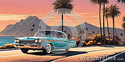 1960s California summer: minimalist car cruising coastal highway Stock Photo