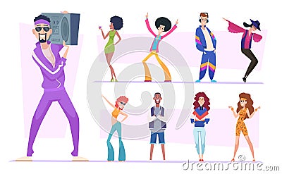 80s characters. Stylish disco people in casual clothes fashioned jackets pants and jeans vintage collection exact vector Vector Illustration