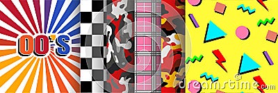 2000`s Collection of seamless patterns | Set of abstract vivid vector graphics in retro vintage style for apparel Vector Illustration