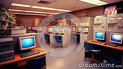 S Computer Room Showcasing Crt Monitors And Tower Pcs. Generative AI Stock Photo