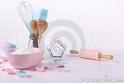 It`s cooking time. Baking tools on white table. Recipe book background concept. Stock Photo