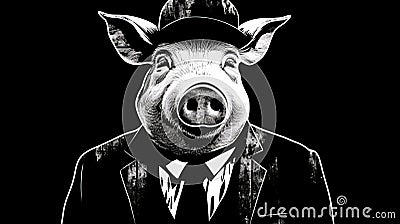 2000s Detective Pig: Crisp Neo-pop Illustration In Film Noir Style Cartoon Illustration