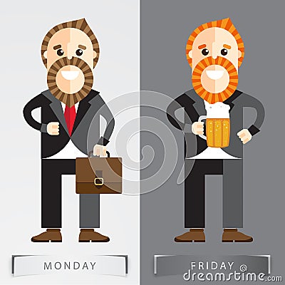 It`s Friday vector concept, Businessman drinking beer with man on monday Vector Illustration