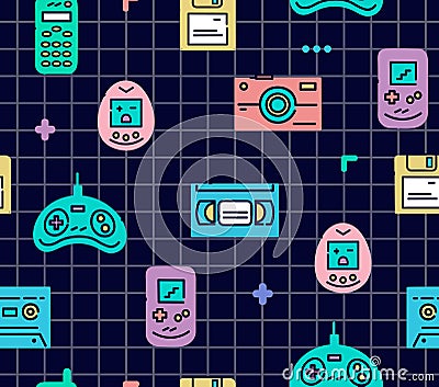 90s gadgets colorful flat line icons.Seamless pattern with joystick,videotape,cell phone, electronic games and other. Vector Illustration