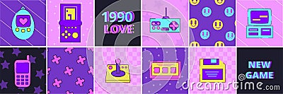 1990s geek stickers, windows elements. Neon 90s interface, retro pixel phone. bright patterns. vintage computer and Vector Illustration