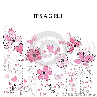 It`s a girl. Baby girl. Baby shower greeting card. Floral greeting card with pink decorative abstract spring flowers Vector Illustration