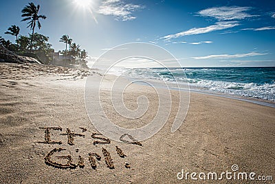 It`s a Girl, gender reveal written in the sand Stock Photo