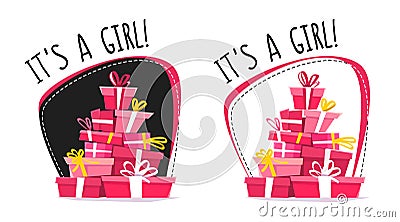 It`s a girl greeting post card or sticker , cartoon wrong perspective minimal flat style. running car full of presents , gifts sta Vector Illustration